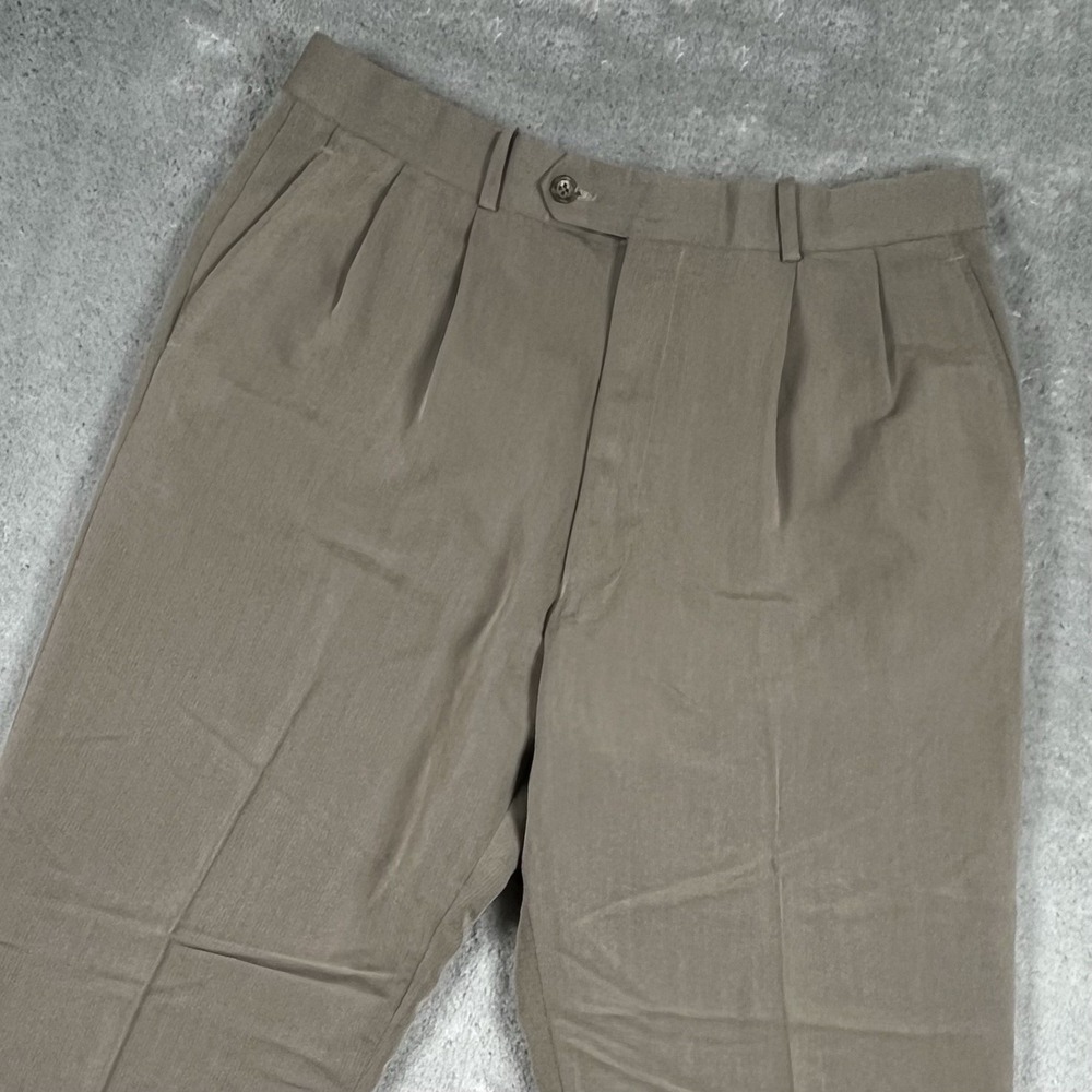 Alan Flusser Pants Mens 36x32 Light Brown Poly/Rayon Pleated Cuffed Dress Slack‎
